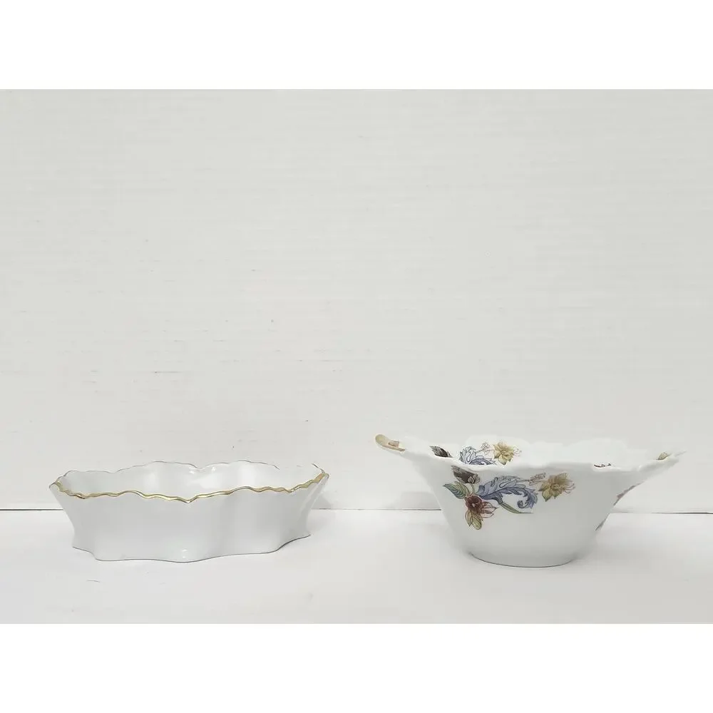 Vintage Fine Porcelain Floral Trinket Dish Bowl Set Gold Trim